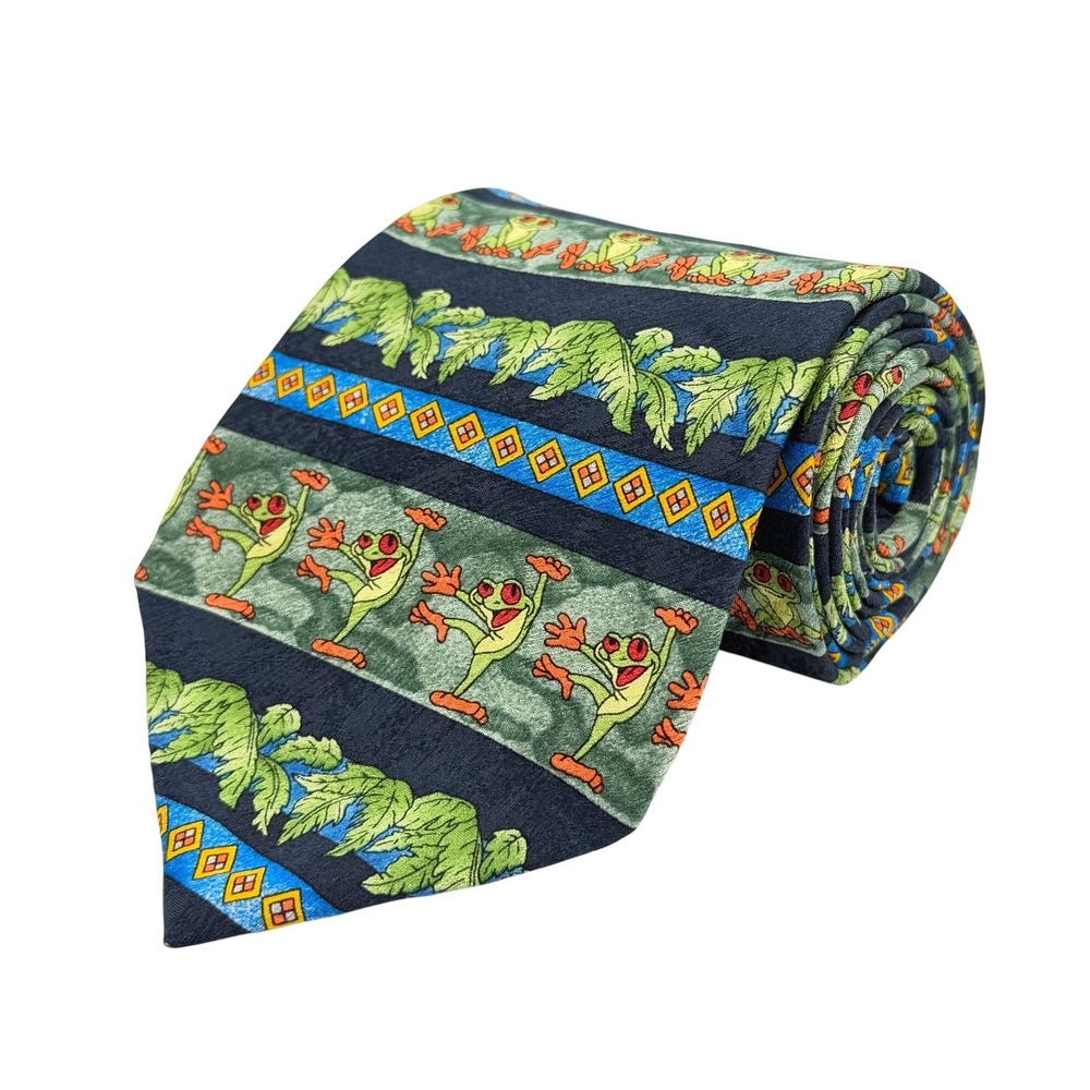 Rainforest Cafe Mens 100% Silk Necktie Frog Tropical Green Blue 56"L